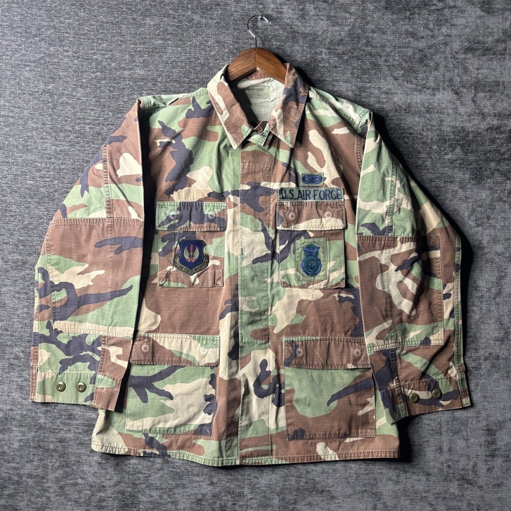Vintage US Air Force BDU Woodland Camo Jacket Medium Regular Ripstop Patches